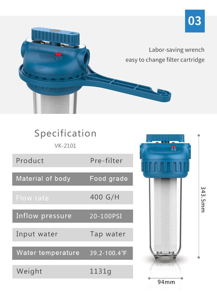 AMBOHR AF-P10 Whole House Under Water Spin Down Sediment Water Pre-Filter System with Bypass Valve Functions 400g/h High Flow and 5um High Accurate Rating