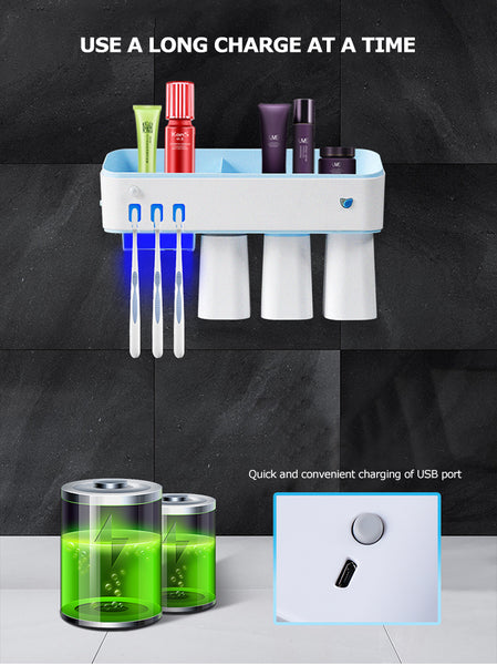 Toothbrush Holder with LED UV Light Sterilizer Wireless Wall Mounted Automatic Toothpaste Dispenser ATH-100